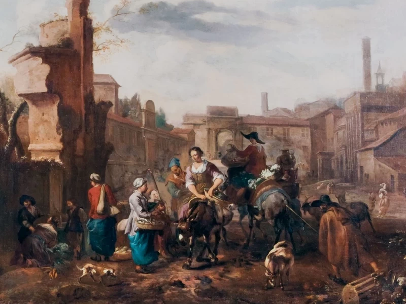 1620-Hendrick Mommers - Paesaggio urbano meridionale con gente del mercato e un pellegrino